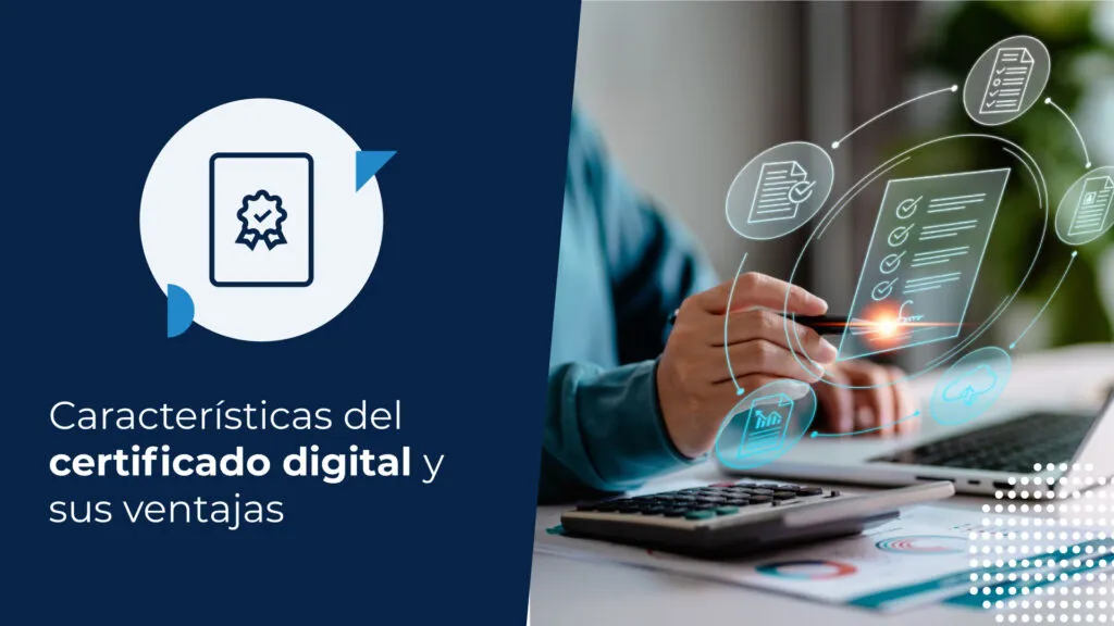 Persona usando herramientas digitales, con hologramas de documentos y gráficos. Representa el uso y características del certificado digital.