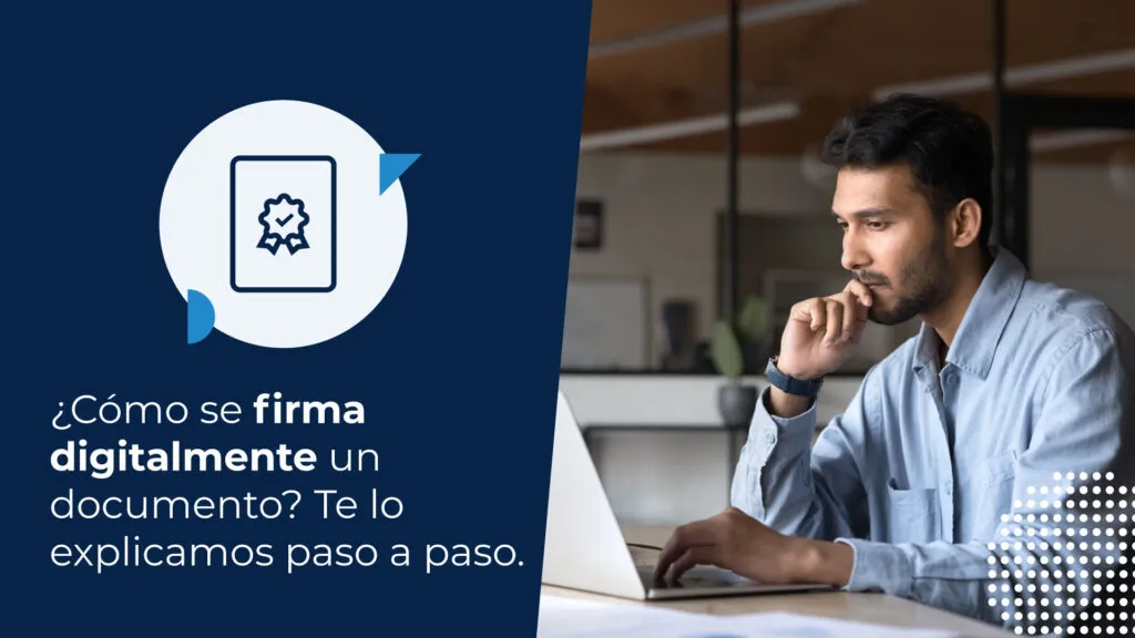 Hombre pensativo en su oficina, frente a su computadora. Está buscando cómo se firma digitalmente un documento.
