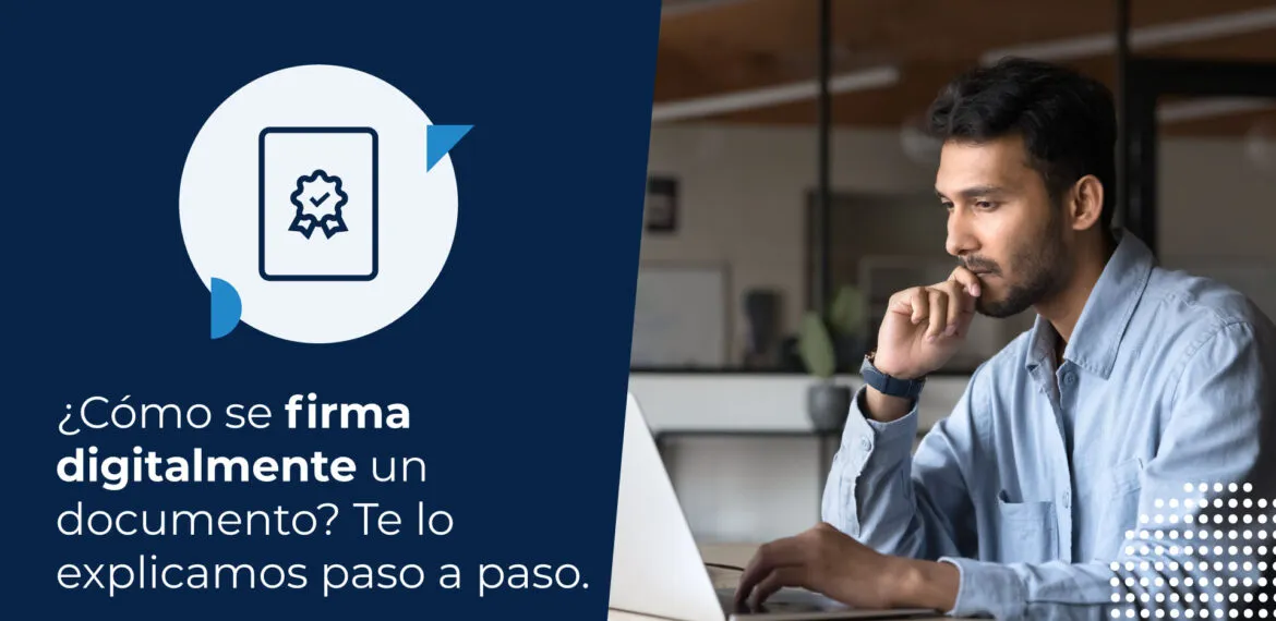 Hombre pensativo en su oficina, frente a su computadora. Está buscando cómo se firma digitalmente un documento.
