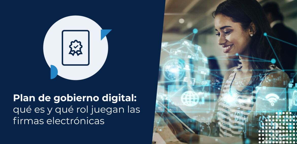 Una mujer sonriente utiliza una tablet con una superposición de realidad aumentada que muestra iconos de tecnología, redes y datos interconectados. Imagen se enmarca en el contexto de un plan de gobierno digital.