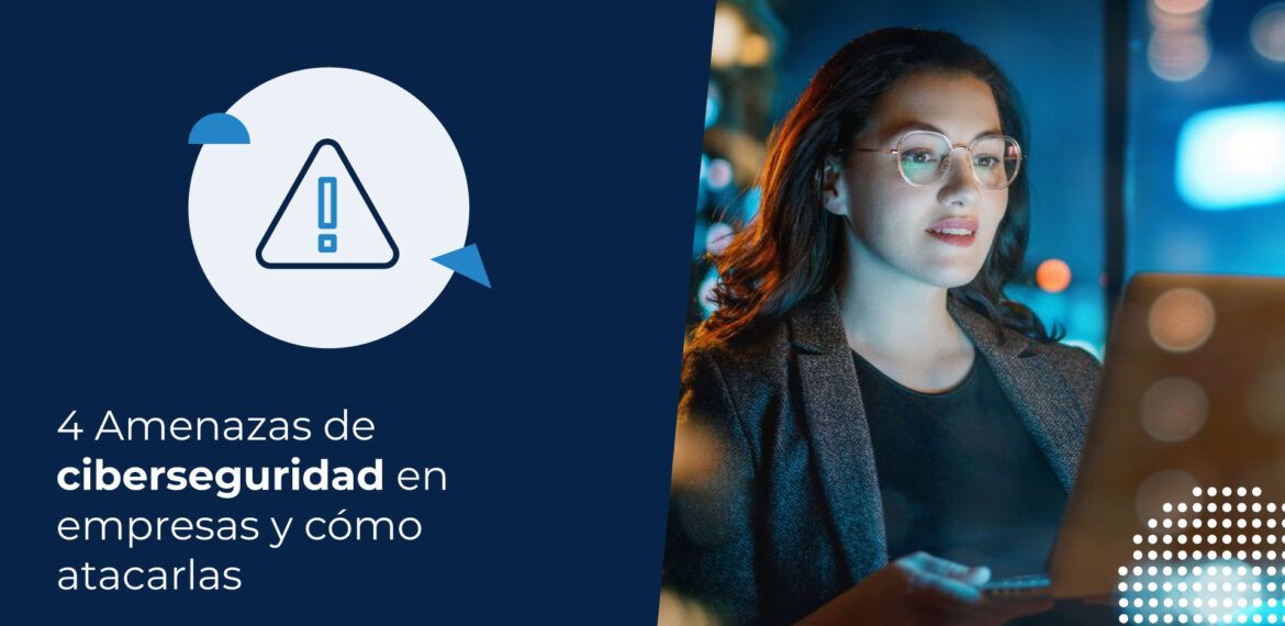 Mujer profesional revisando su computadora por la noche, con el fondo de una ciudad con luces brillantes y desenfocadas. La imagen representa a una persona trabajando con tecnología en un entorno nocturno, lo cual puede asociarse con amenazas de ciberseguridad.