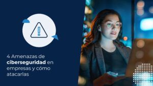 Mujer profesional revisando su computadora por la noche, con el fondo de una ciudad con luces brillantes y desenfocadas. La imagen representa a una persona trabajando con tecnología en un entorno nocturno, lo cual puede asociarse con amenazas de ciberseguridad.