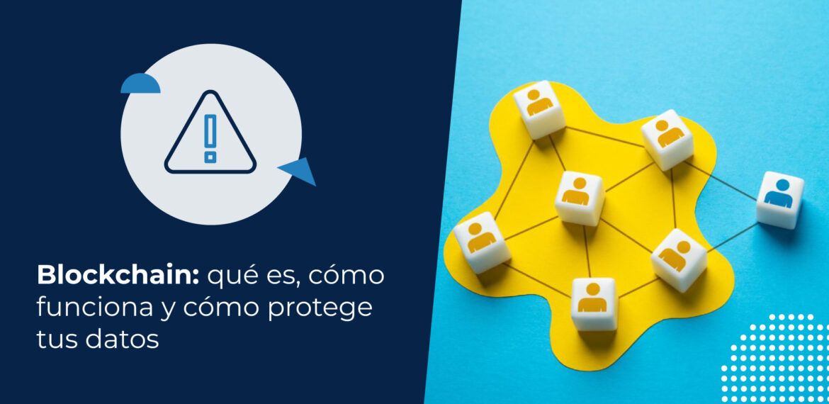 Representación visual del concepto de red descentralizada o distribuida con cubos conectados sobre una mancha amarilla en fondo azul, ilustrando el tema “blockchain qué es y cómo funciona”.