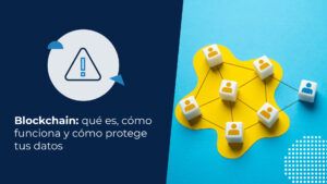 Representación visual del concepto de red descentralizada o distribuida con cubos conectados sobre una mancha amarilla en fondo azul, ilustrando el tema “blockchain qué es y cómo funciona”.