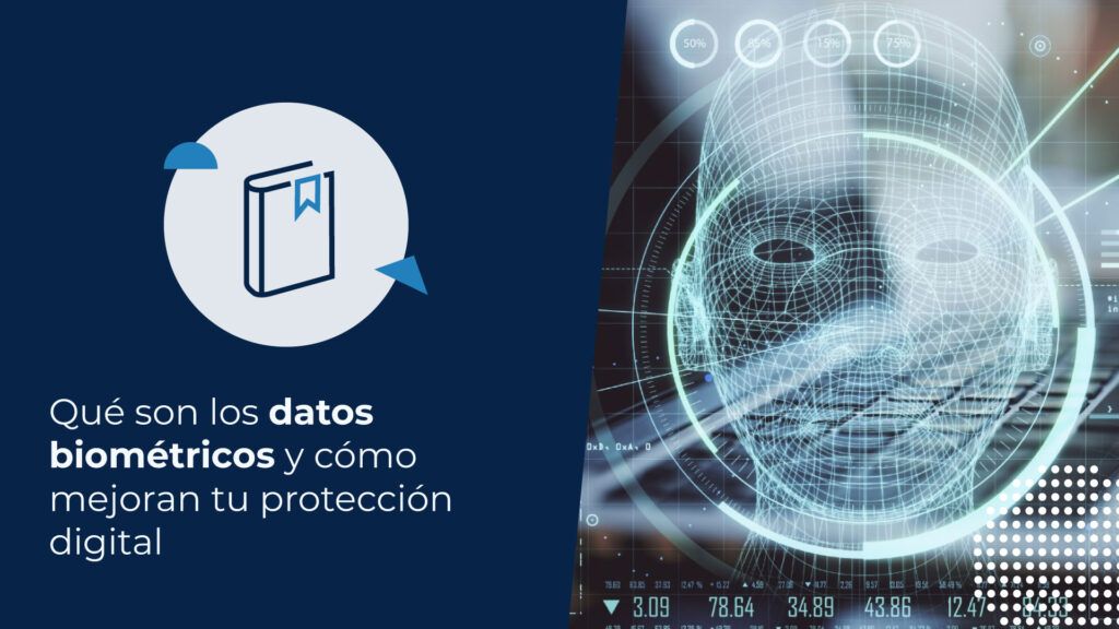 Representación digital de un rostro humano, ilustrando qué son los datos biométricos a través de escaneo facial, huellas dactilares y código de programación.