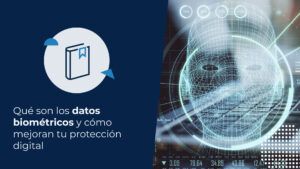 Representación digital de un rostro humano, ilustrando qué son los datos biométricos a través de escaneo facial, huellas dactilares y código de programación.