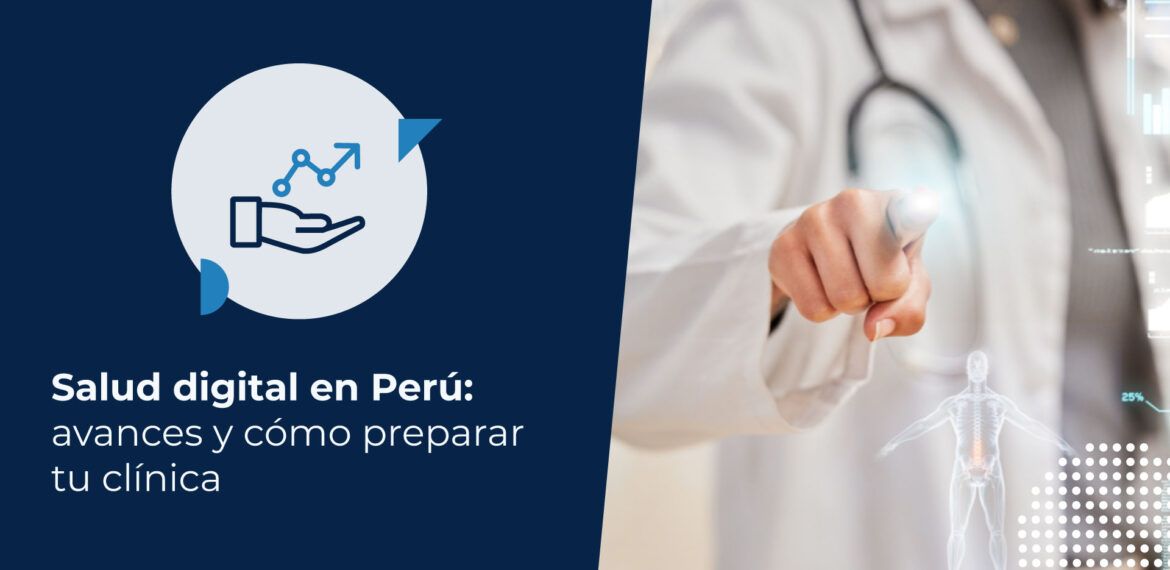 Médico interactuando con una interfaz tecnológica de salud digital que muestra datos clínicos y un holograma del cuerpo humano.