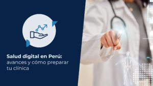Médico interactuando con una interfaz tecnológica de salud digital que muestra datos clínicos y un holograma del cuerpo humano.