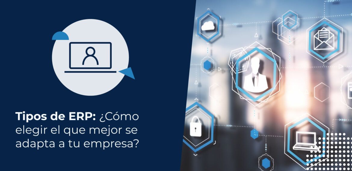 Representación digital de una red empresarial conectando tipos de ERP, gestión de datos, usuarios y seguridad en una interfaz tecnológica sobre un fondo de oficina.