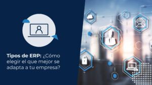 Representación digital de una red empresarial conectando tipos de ERP, gestión de datos, usuarios y seguridad en una interfaz tecnológica sobre un fondo de oficina.
