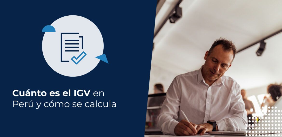 Empresario trabajando en su oficina mientras consulta cuánto es el IGV en Perú para su contabilidad.