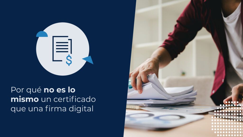 Profesional organizando documentos impresos y usando su computadora para tramitar un certificado y firma digital