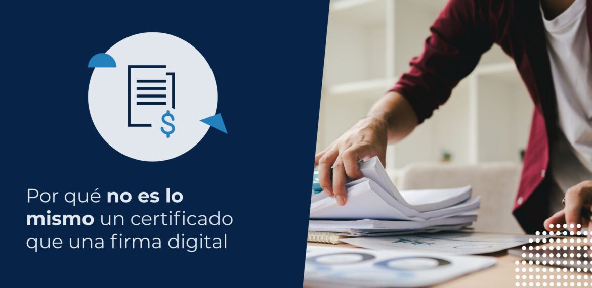 Profesional organizando documentos impresos y usando su computadora para tramitar un certificado y firma digital