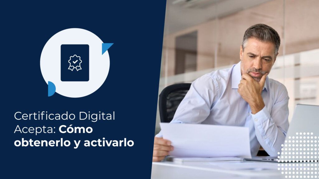 Empresario sentado frente a un computador en una oficina, buscando cómo obtener su certificado digital Acepta.