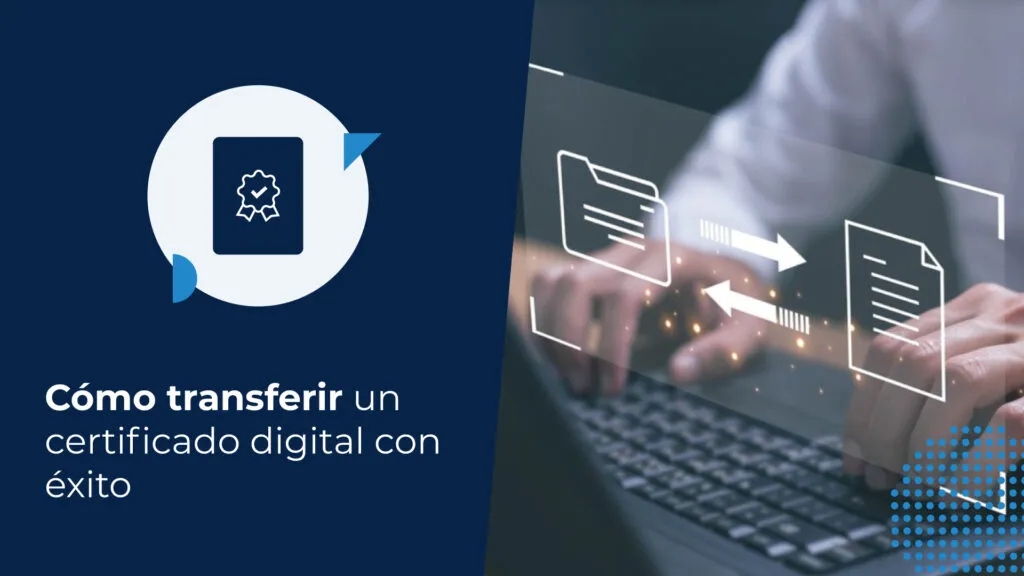 Un empresario está usando un computador portátil desde el que emerge el dibujo de un documento y el de una carpeta con flechas que indican intercambio ya que aprendió cómo transferir un certificado digital.