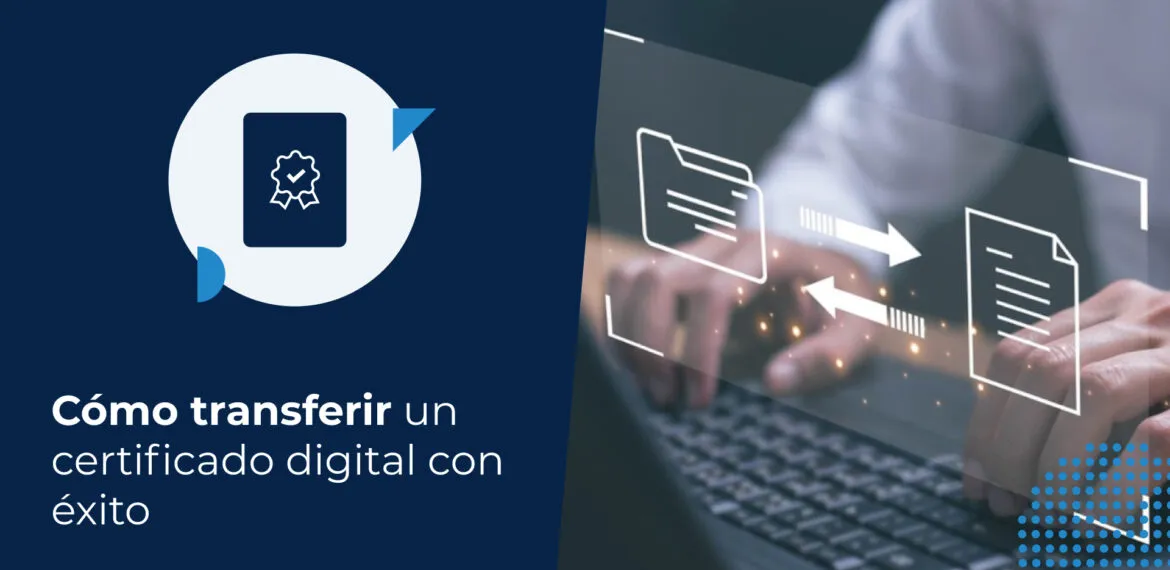 Un empresario está usando un computador portátil desde el que emerge el dibujo de un documento y el de una carpeta con flechas que indican intercambio ya que aprendió cómo transferir un certificado digital.