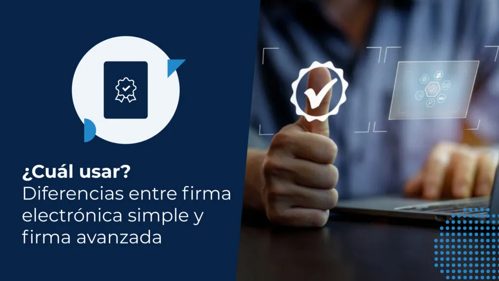 Luego de conocer las diferencias entre una firma electrónica simple y una firma avanzada, un empresario frente a un computador portátil levanta el pulgar señalando la aprobación digital que representa el uso correcto de una firma electrónica.