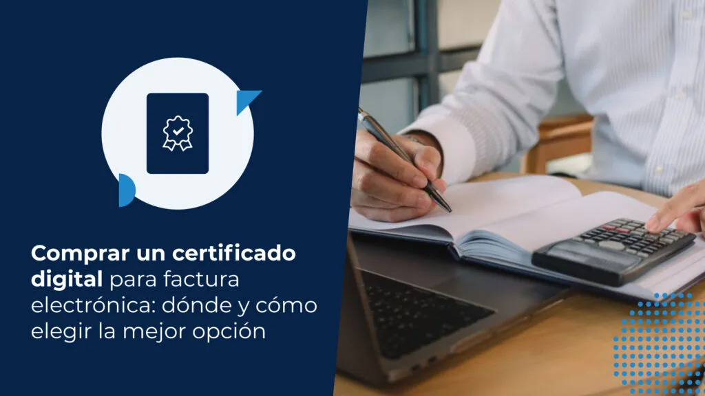 Un empresario usa una calculadora frente a un computador mientras busca cómo comprar un certificado digital para factura electrónica.