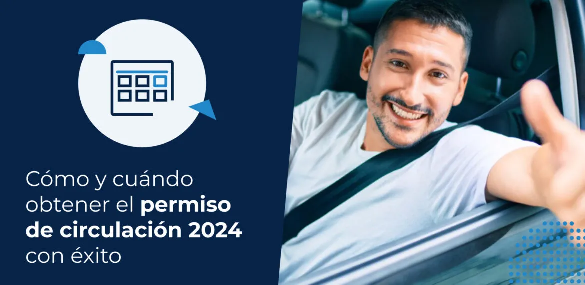 Un hombre conduce un vehículo y hace un gesto de aprobación al descubrir cómo obtener el permiso de circulación 2024.
