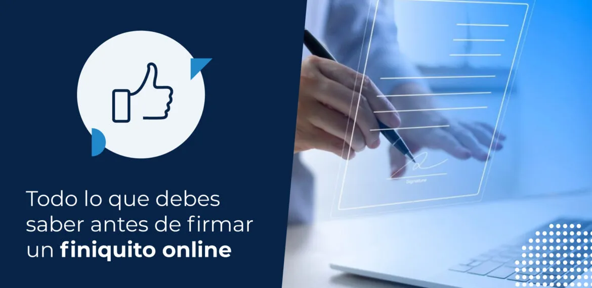 Una persona frente a un computador, representa la firma de un finiquito online al sostener un lápiz en el aire frente a un dibujo digital de un documento.