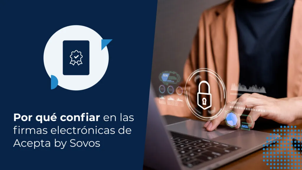 Una mujer ejecutiva frente a una computadora, sosteniendo su celular en la mano mientras realiza su firma electrónica de Acepta by Sovos.