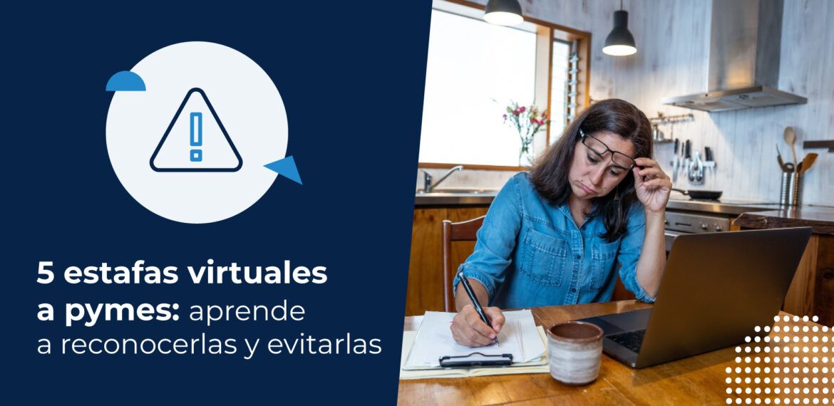 Mujer emprendedora trabajando en casa junto a su computador, frustrada por ser víctima de una estafa virtual.