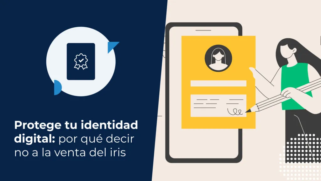 Ilustración de una mujer firmando electrónicamente un documento en la pantalla de un teléfono móvil con un lápiz grande, con iconos de engranajes y una marca de verificación.