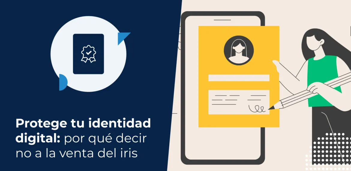 Ilustración de una mujer firmando electrónicamente un documento en la pantalla de un teléfono móvil con un lápiz grande, con iconos de engranajes y una marca de verificación.