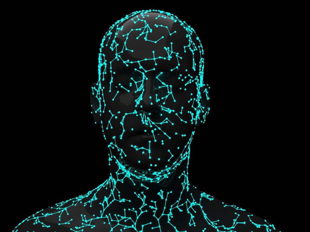 Ilustración 3D de un rostro humano con una red de líneas y puntos que representan la tecnología de escáner digital. Simboliza el concepto de venta del iris.