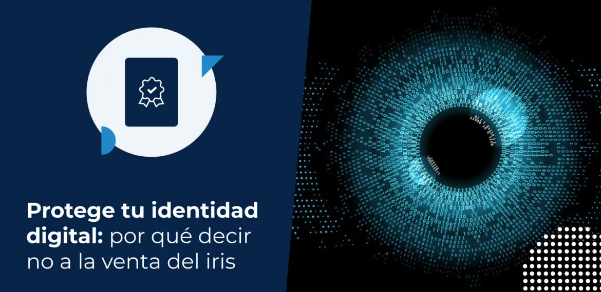Símbolos y números en una pantalla negra se combinan para formar la figura de un ojo, representando el concepto de venta del iris.