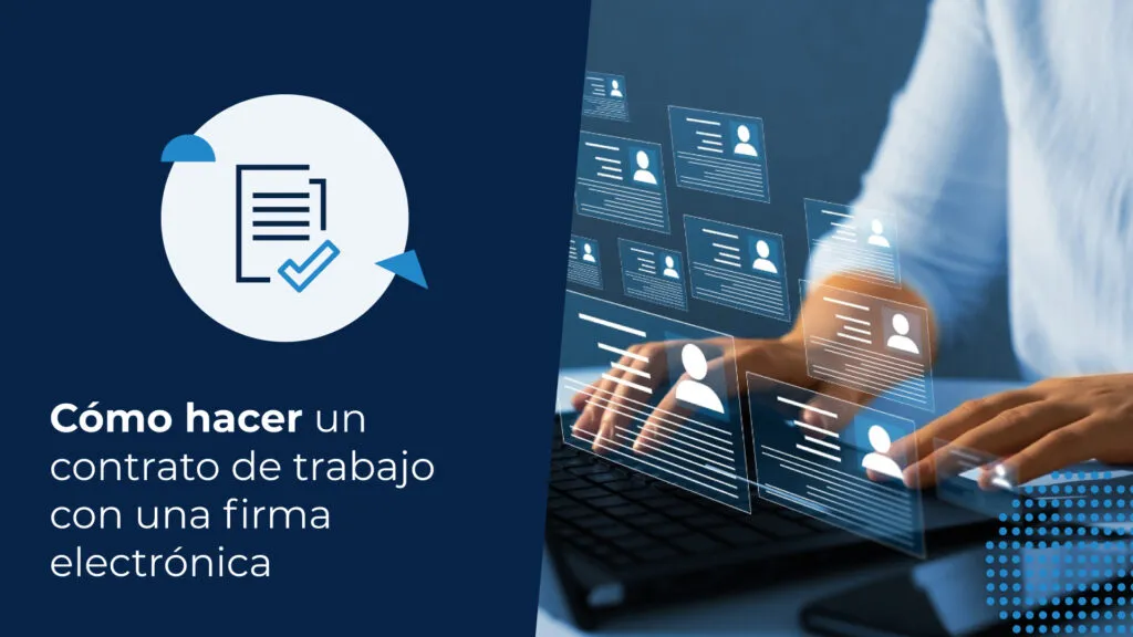 Una persona utiliza un computador desde el que emergen gráficas que simbolizan la elección de fichas de personas para hacer un contrato de trabajo digital.