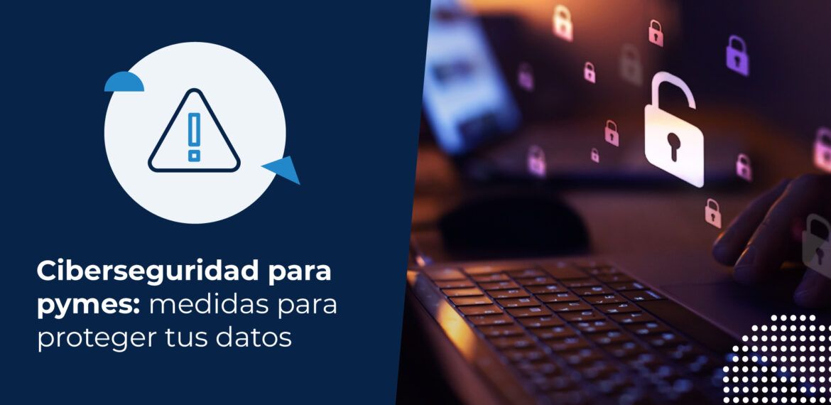 Persona utilizando un computador con iconos de candados representando la ciberseguridad para pymes.