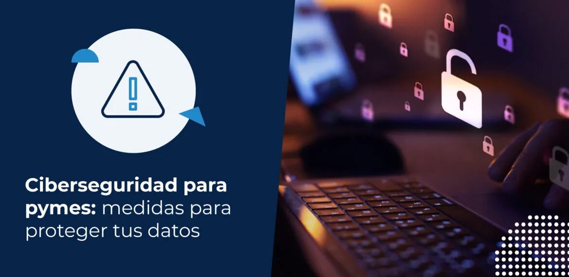 Persona utilizando un computador con iconos de candados representando la ciberseguridad para pymes.