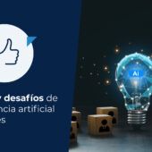 Una bombilla de luz brillante dentro de una red de conexiones, rodeada de cajas de madera con iconos de personas. La imagen representa la inteligencia artificial para pymes.