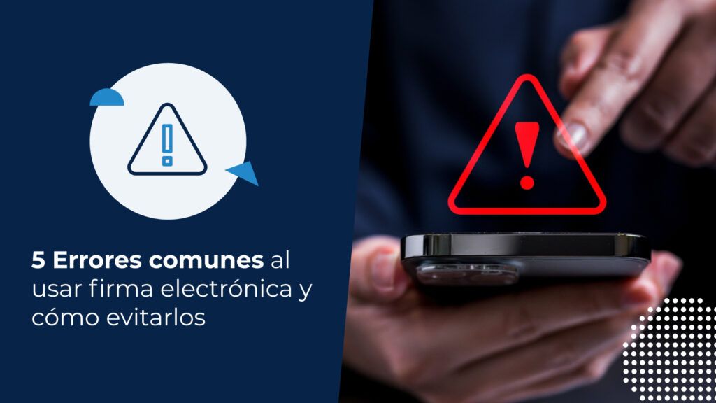 Persona utilizando su celular. Un signo de alerta se muestra en medio de la fotografía, indicando los peligros de usar firma electrónica de manera incorrecta.