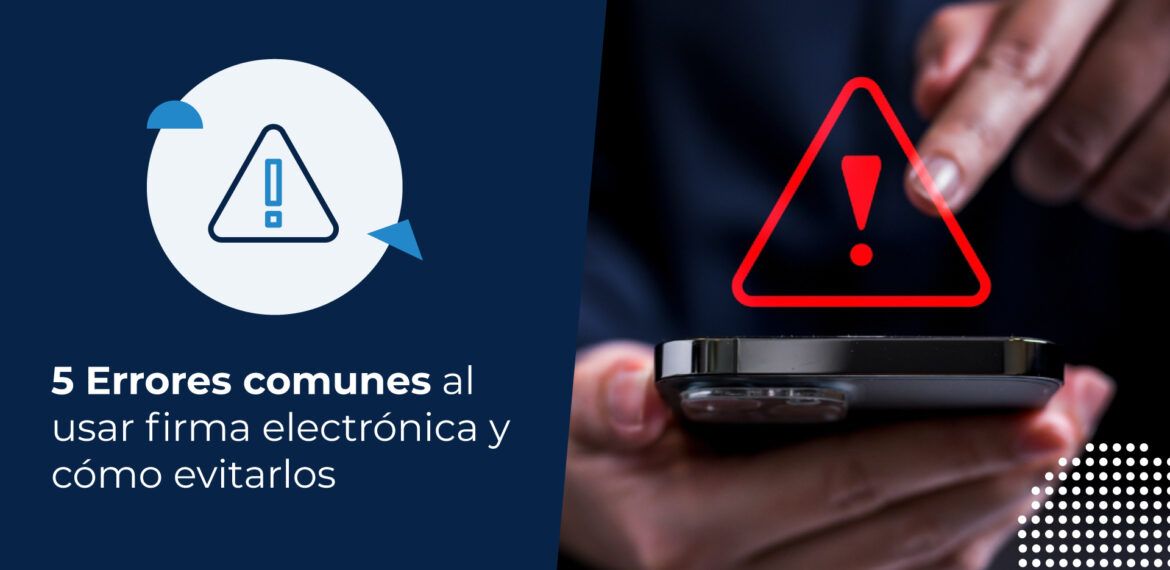 Persona utilizando su celular. Un signo de alerta se muestra en medio de la fotografía, indicando los peligros de usar firma electrónica de manera incorrecta.