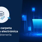 Ilustración que refleja el tema de qué es la carpeta tributaria electrónica. Se muestran documentos flotantes, de almacenamiento en la nube o gestión de archivos digitales.