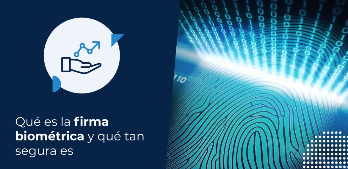 Representación digital de una huella dactilar escaneada con flujos de datos binarios, simbolizando la seguridad y tecnología de una firma biométrica.