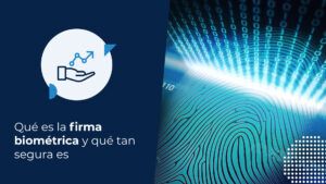 Representación digital de una huella dactilar escaneada con flujos de datos binarios, simbolizando la seguridad y tecnología de una firma biométrica.