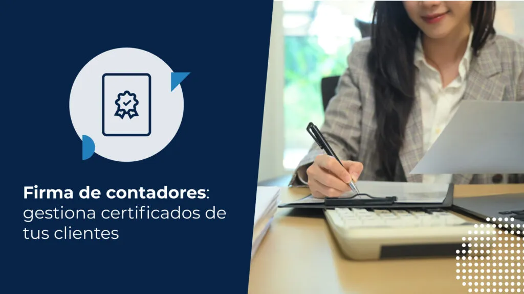 Contadora revisando documentos financieros en su escritorio con calculadora y computador, ideal para una firma para contadores.