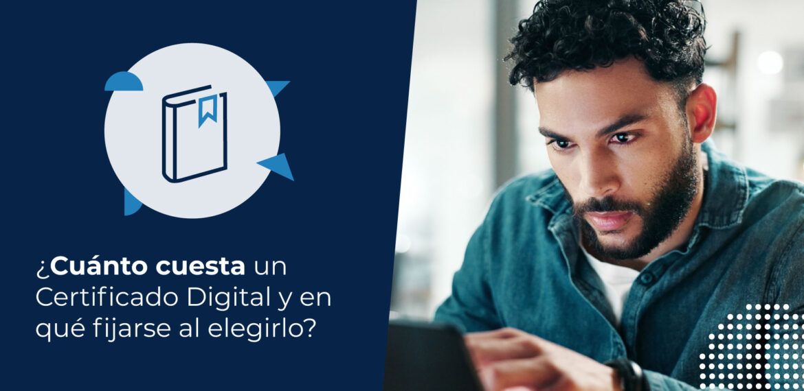Hombre joven concentrado trabajando en su computador en la oficina, analizando el valor del certificado digital.